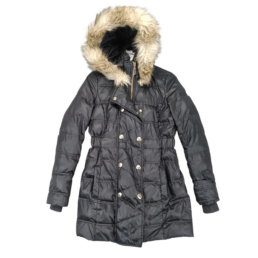 Juicy Couture Black Down Puffer Coat Womens XS Gold Hardware Faux Fur Trim Y2K